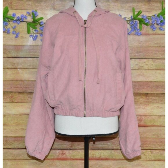 MINE Ladies Dusty Rose Pink Crop Corduroy Hooded Jacket Size L Full Zip Hoodie - Picture 7 of 12